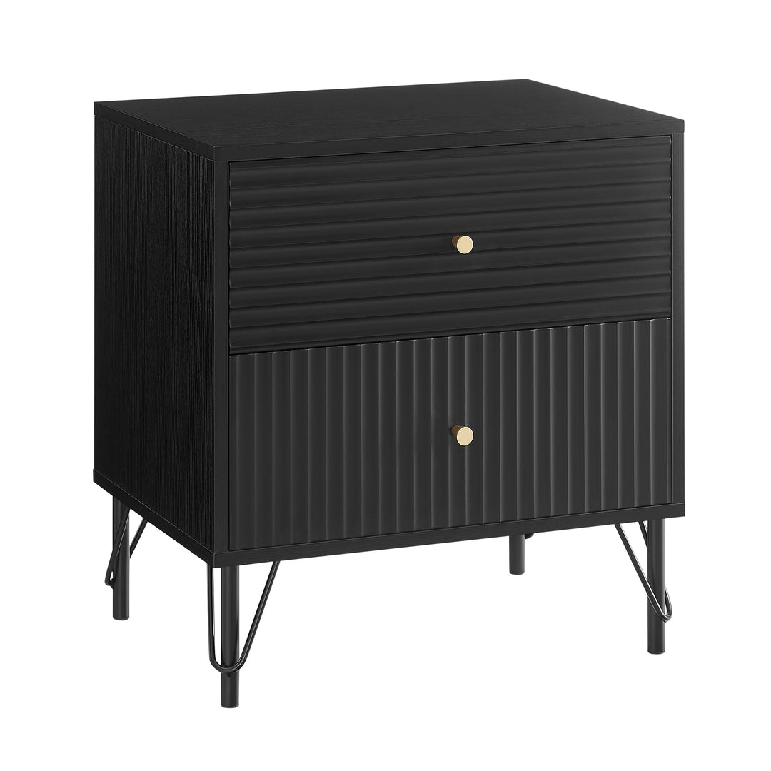 Lisa Wavy Fluted Bedside Table in Black - Particle Board Melamine Body - MDF Painted Drawer Front - Powder Coating Metal Legs