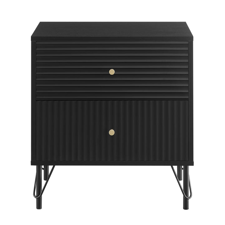 Lisa Wavy Fluted Bedside Table in Black - Particle Board Melamine Body - MDF Painted Drawer Front - Powder Coating Metal Legs