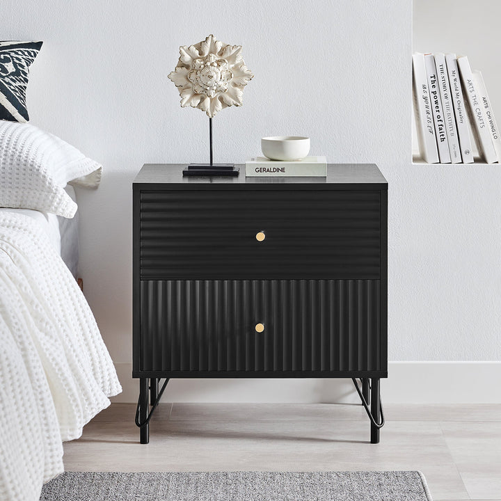 Lisa Wavy Fluted Bedside Table in Black - Particle Board Melamine Body - MDF Painted Drawer Front - Powder Coating Metal Legs