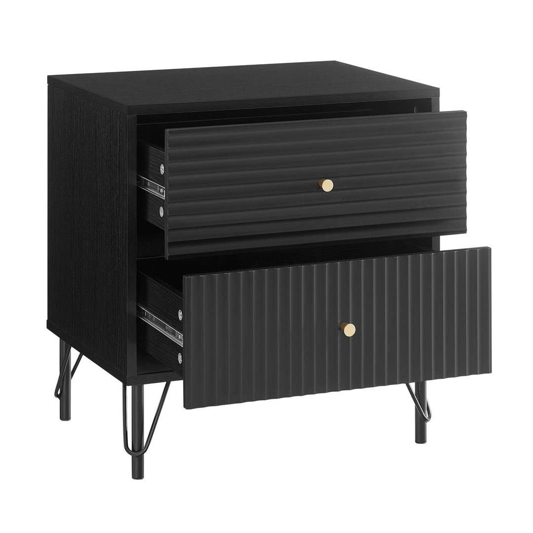 Lisa Wavy Fluted Bedside Table in Black - Particle Board Melamine Body - MDF Painted Drawer Front - Powder Coating Metal Legs