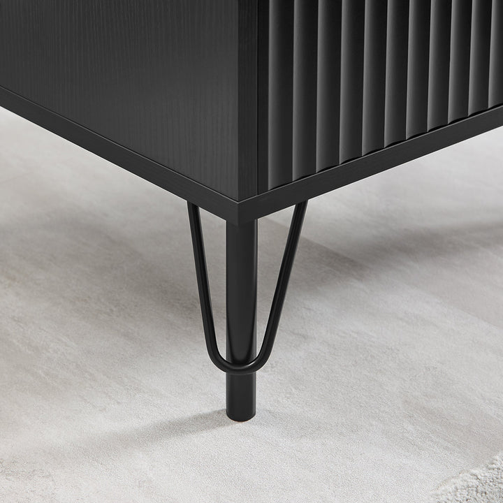 Lisa Wavy Fluted Bedside Table in Black - Particle Board Melamine Body - MDF Painted Drawer Front - Powder Coating Metal Legs