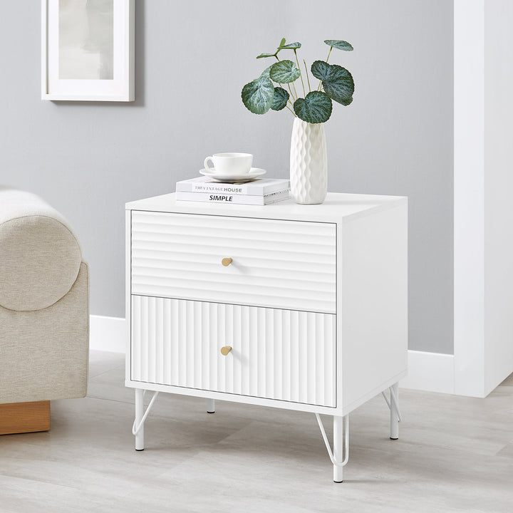 Lisa Wavy Fluted Bedside Table in White - Particle Board Melamine Body - MDF Painted Drawer Front - Powder Coating Metal Legs