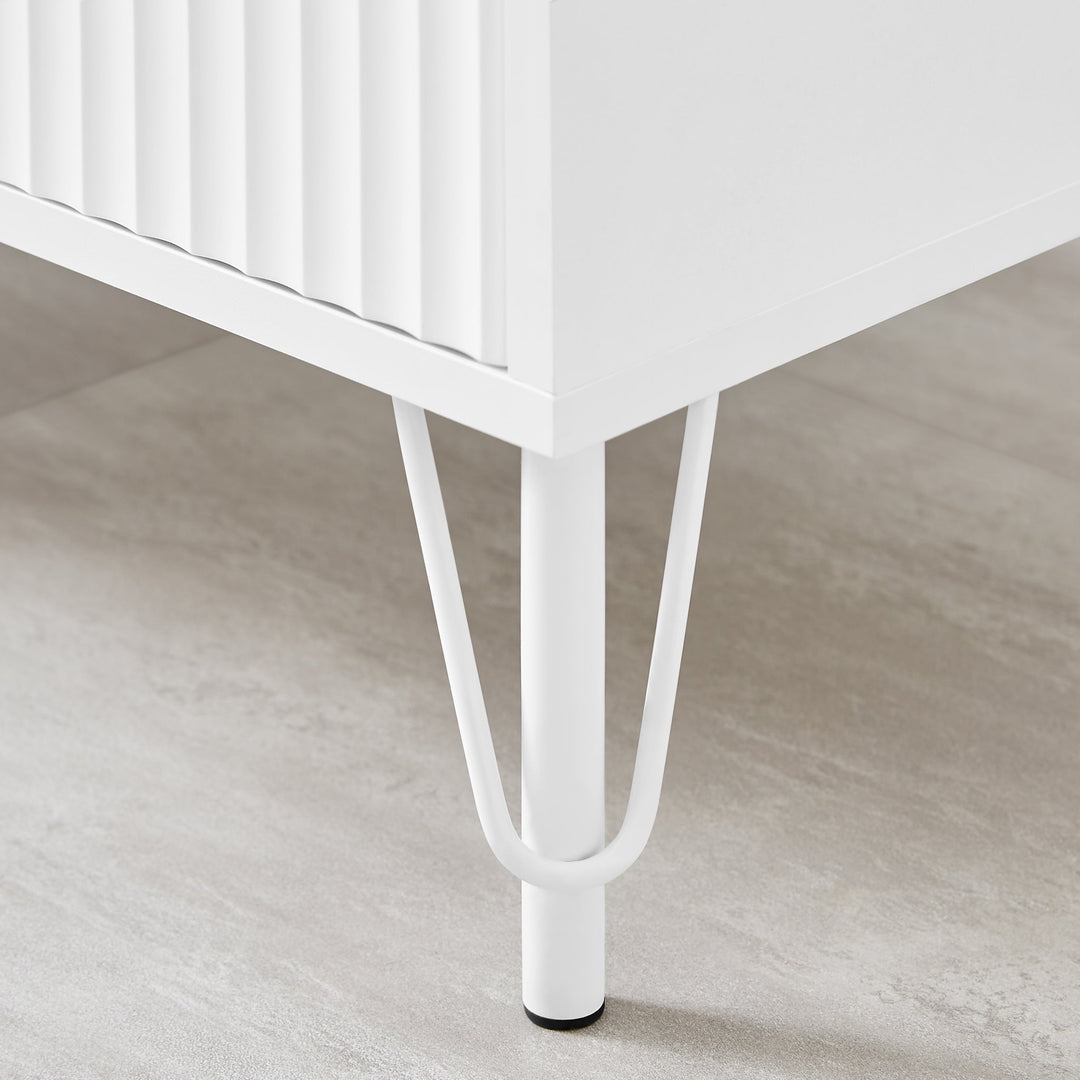 Lisa Wavy Fluted Bedside Table in White - Particle Board Melamine Body - MDF Painted Drawer Front - Powder Coating Metal Legs