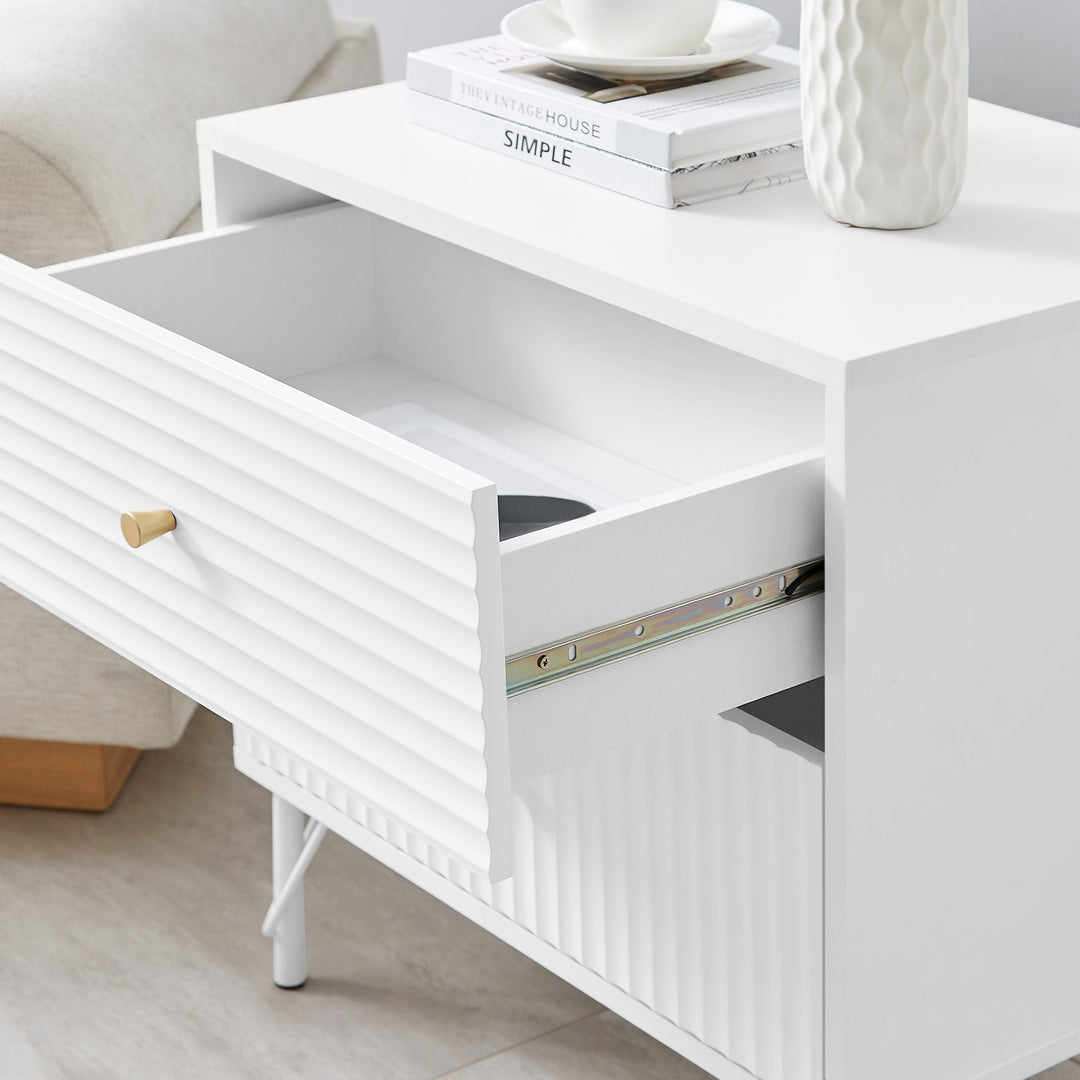 Lisa Wavy Fluted Bedside Table in White - Particle Board Melamine Body - MDF Painted Drawer Front - Powder Coating Metal Legs