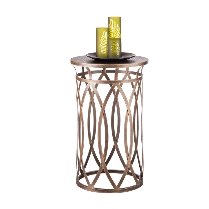 Round Iron Side Table with Cross Legs in Brass Finish and Intricate Design