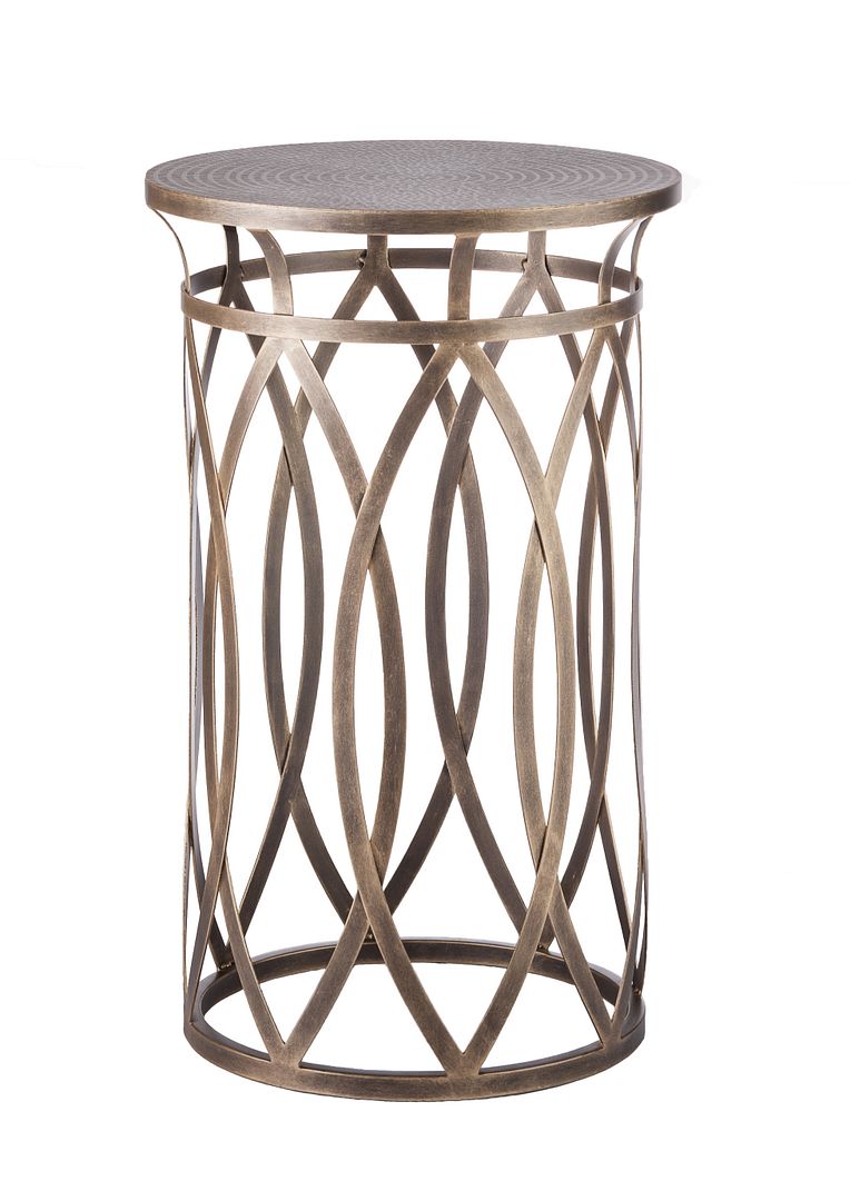 Round Iron Side Table with Cross Legs in Brass Finish and Intricate Design