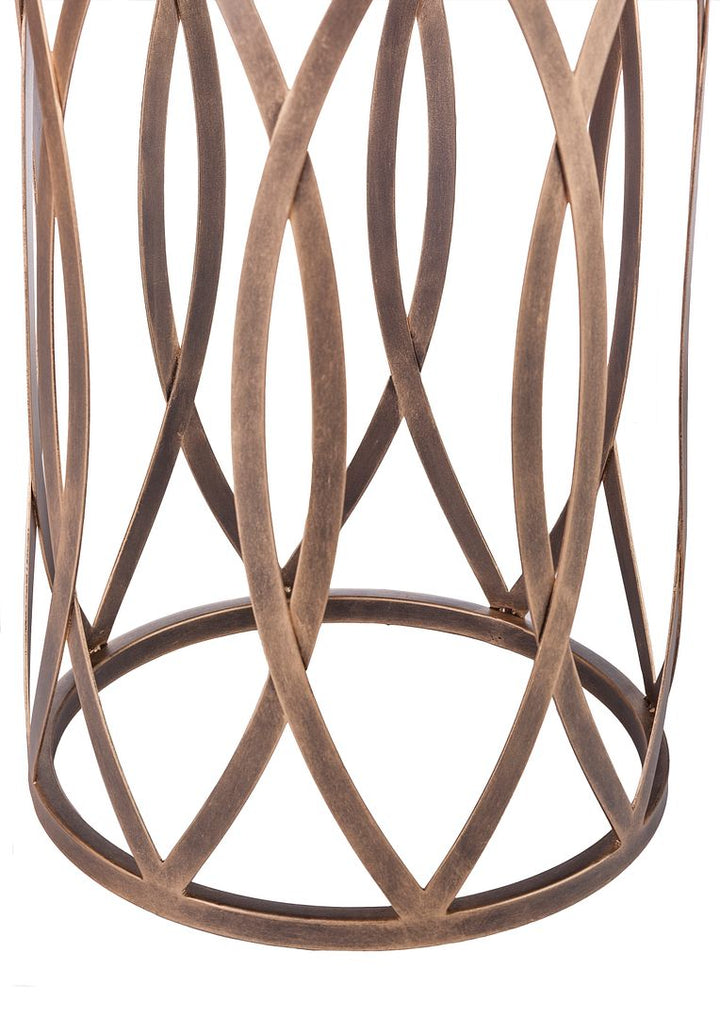 Round Iron Side Table with Cross Legs in Brass Finish and Intricate Design