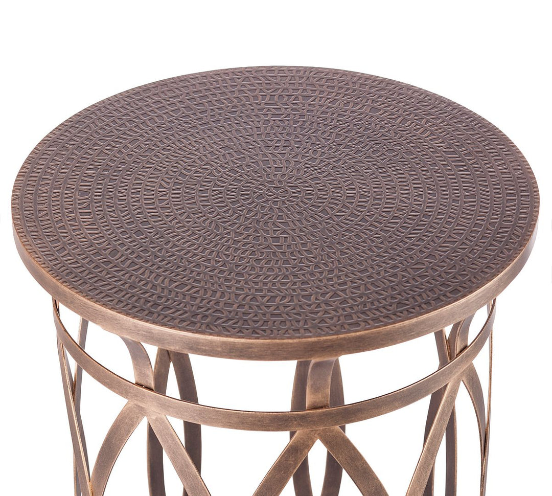 Round Iron Side Table with Cross Legs in Brass Finish and Intricate Design