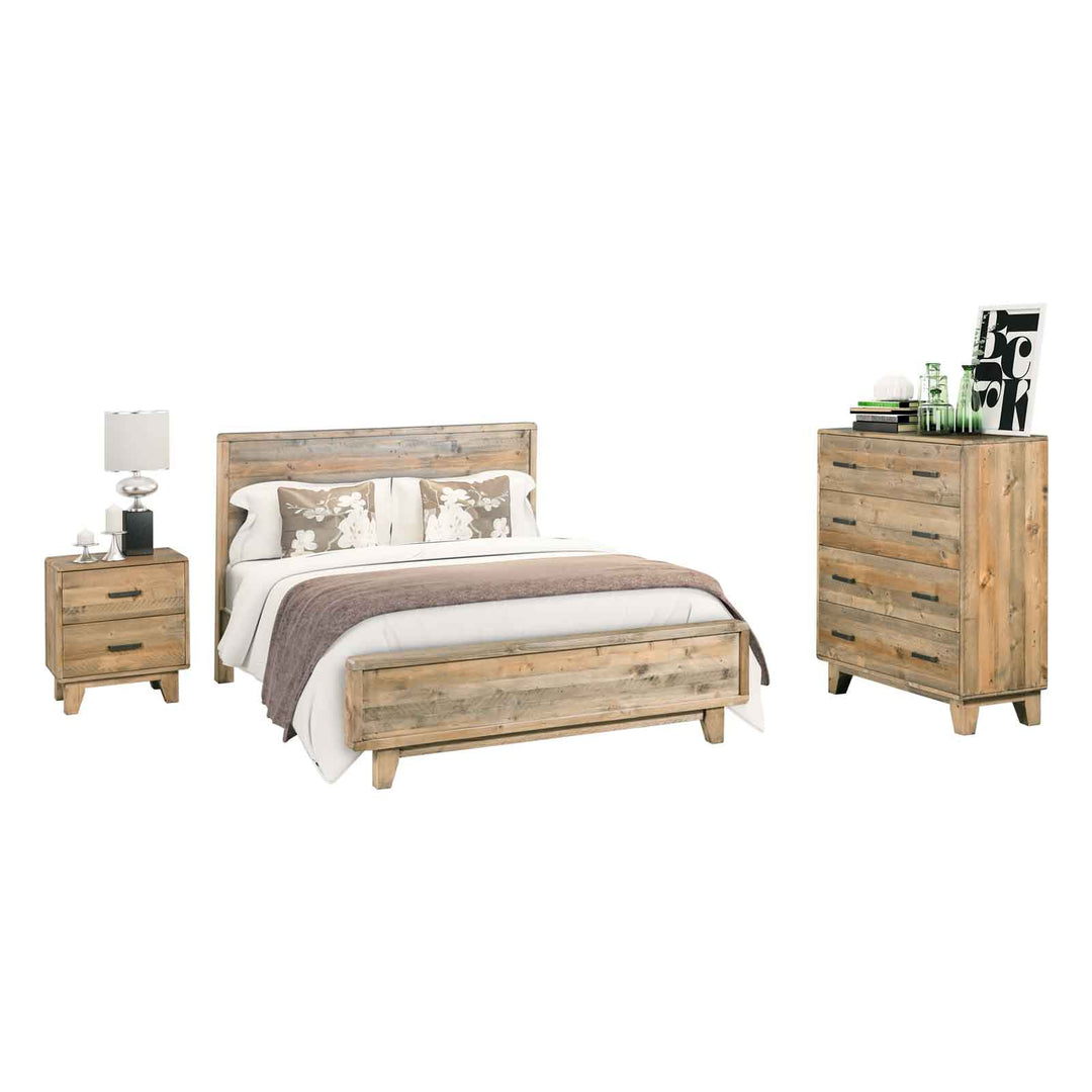 4 Pieces Bedroom Suite King Size in Solid Wood Antique Design Light Brown Bed, Bedside Table & Tallboy