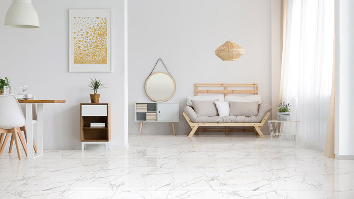 Veneto Carrara Polished 600x600mm Porcelain Tile: Luxurious Marble Look for Expansive Interiors