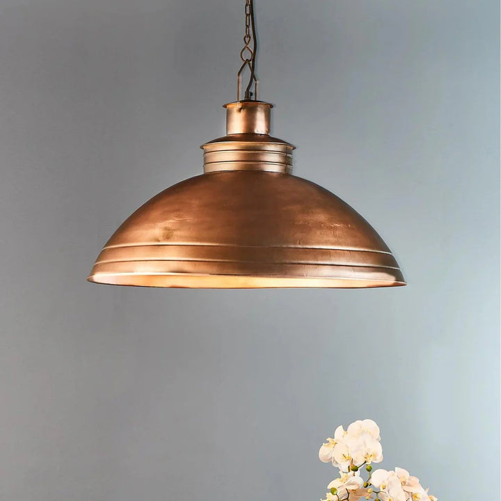 Sheldon Iron Shallow Dome Pendant Light Large in Antique Copper or Antique Brass