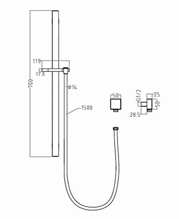 Taran Chrome Shower Rail with Square Handheld Shower Piece