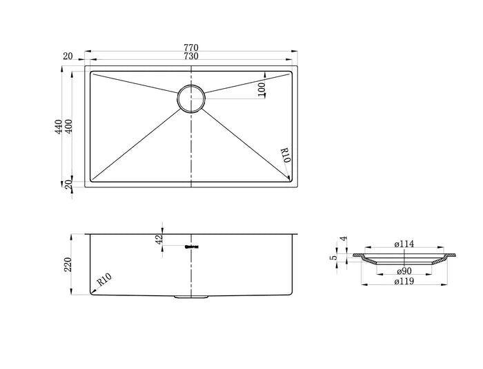 Axon Sink 77S – Brushed Stainless Steel, 770x440x220mm