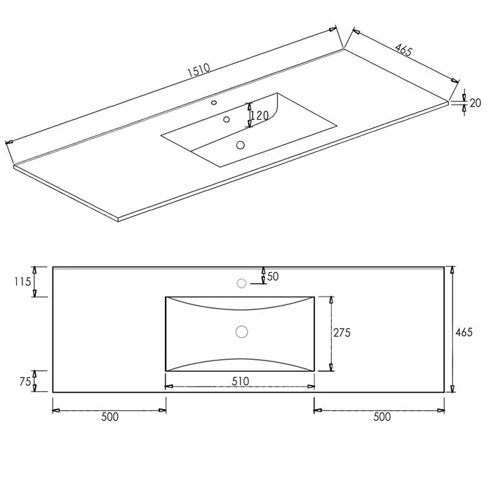 Slim Line Ceramic Single Bowl 1500X460X170 with Taphole & Overflow