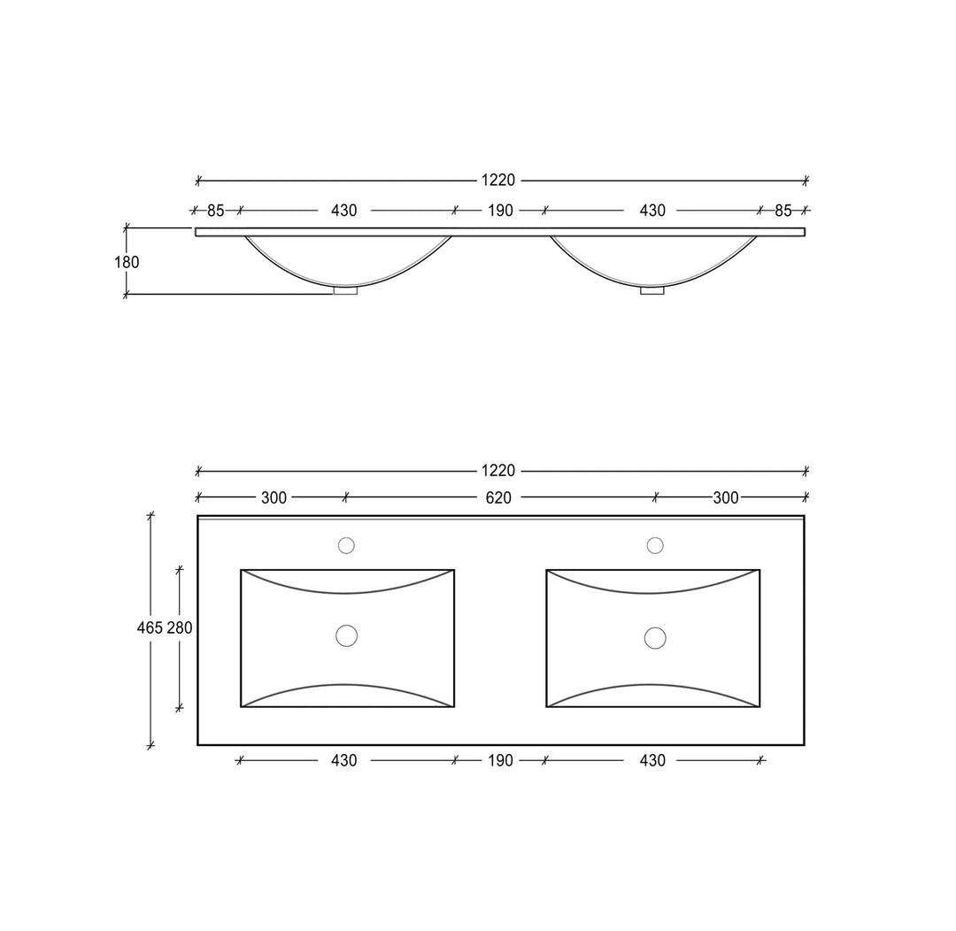 Slim Line Ceramic Top 1200x460x170 Double Bowl with Taphole & Overflow