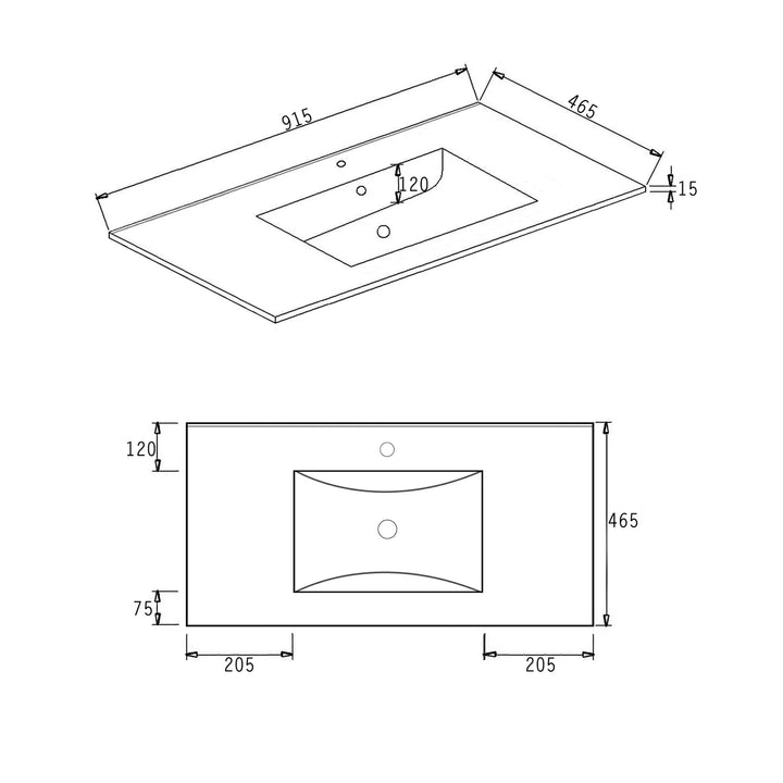 Slim Line Ceramic Top 900x460x170 with Taphole & Overflow