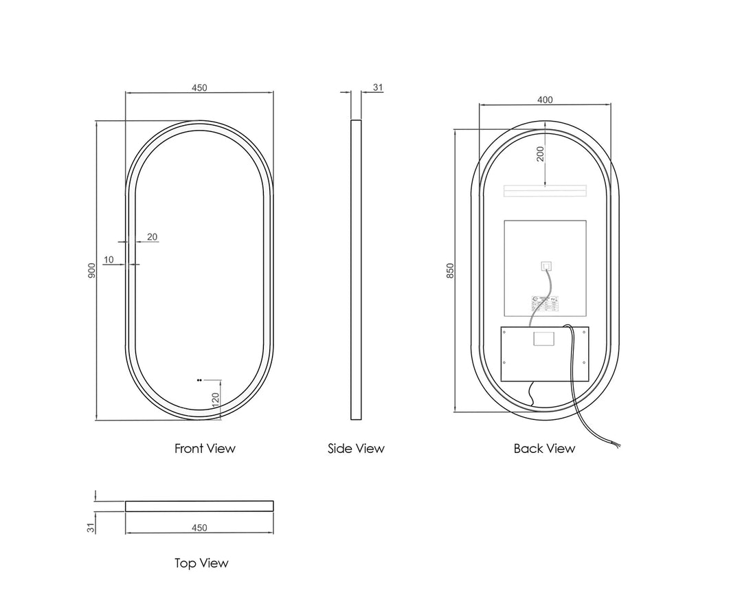 LED Brighton 900x450 Black Metal Frame Mirror with Tuffi Glass