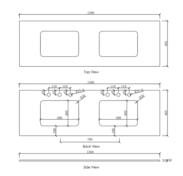 Natural Carrara Marble 1500x465x18 Top with Double Undermount Basins