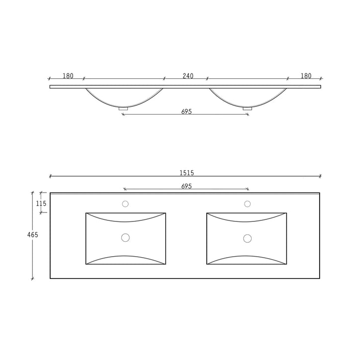 Slim Line Ceramic Top Double Bowl 1500x460x170 with Taphole & Overflow