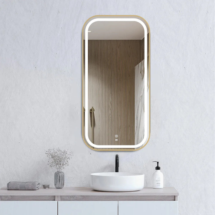 LED Newport 900x450 Gold Metal Frame Mirror Soft Square