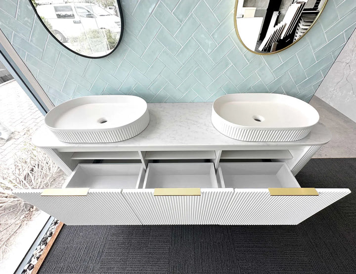 Bondi 1800mm Satin White Fluted Wall Hung Curve Vanity