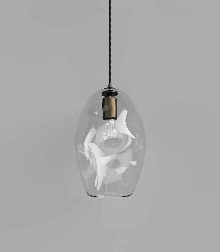 Organic Large Clear Mouth Blown Glass Pendant with Iron Suspension