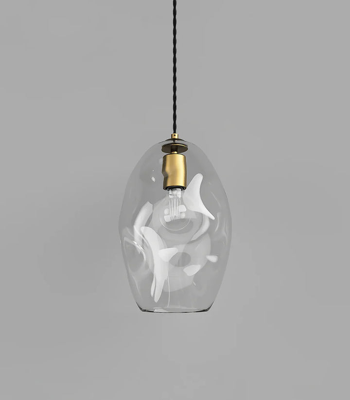 Organic Large Clear Mouth Blown Glass Pendant with Old Brass Suspension
