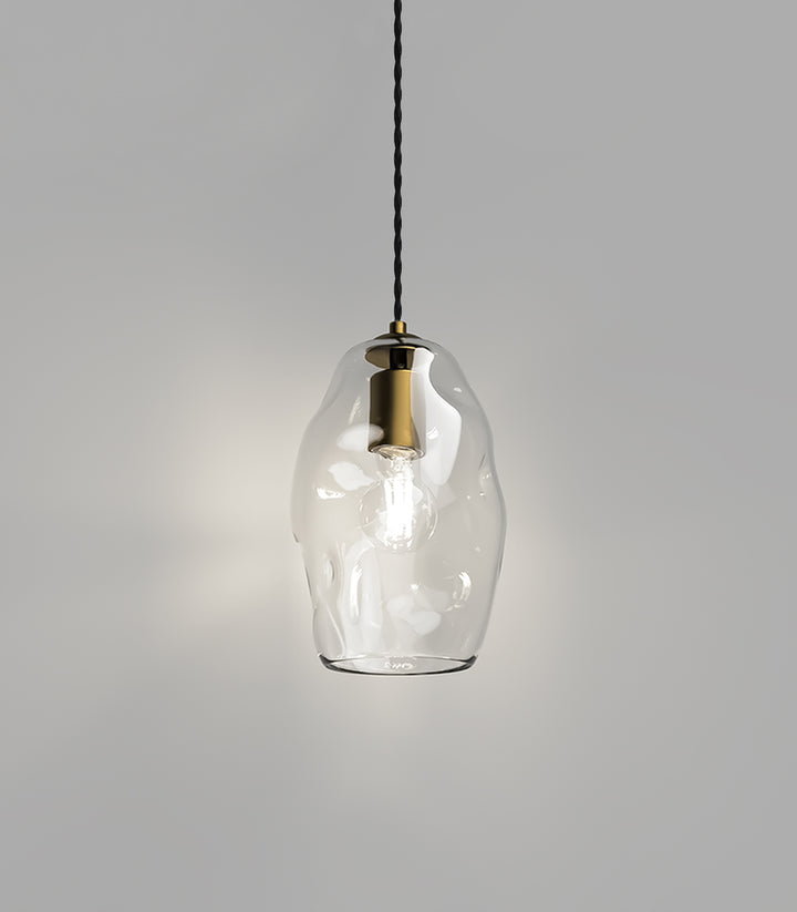 Organic Medium Clear Mouth Blown Glass Pendant with Old Brass Suspension