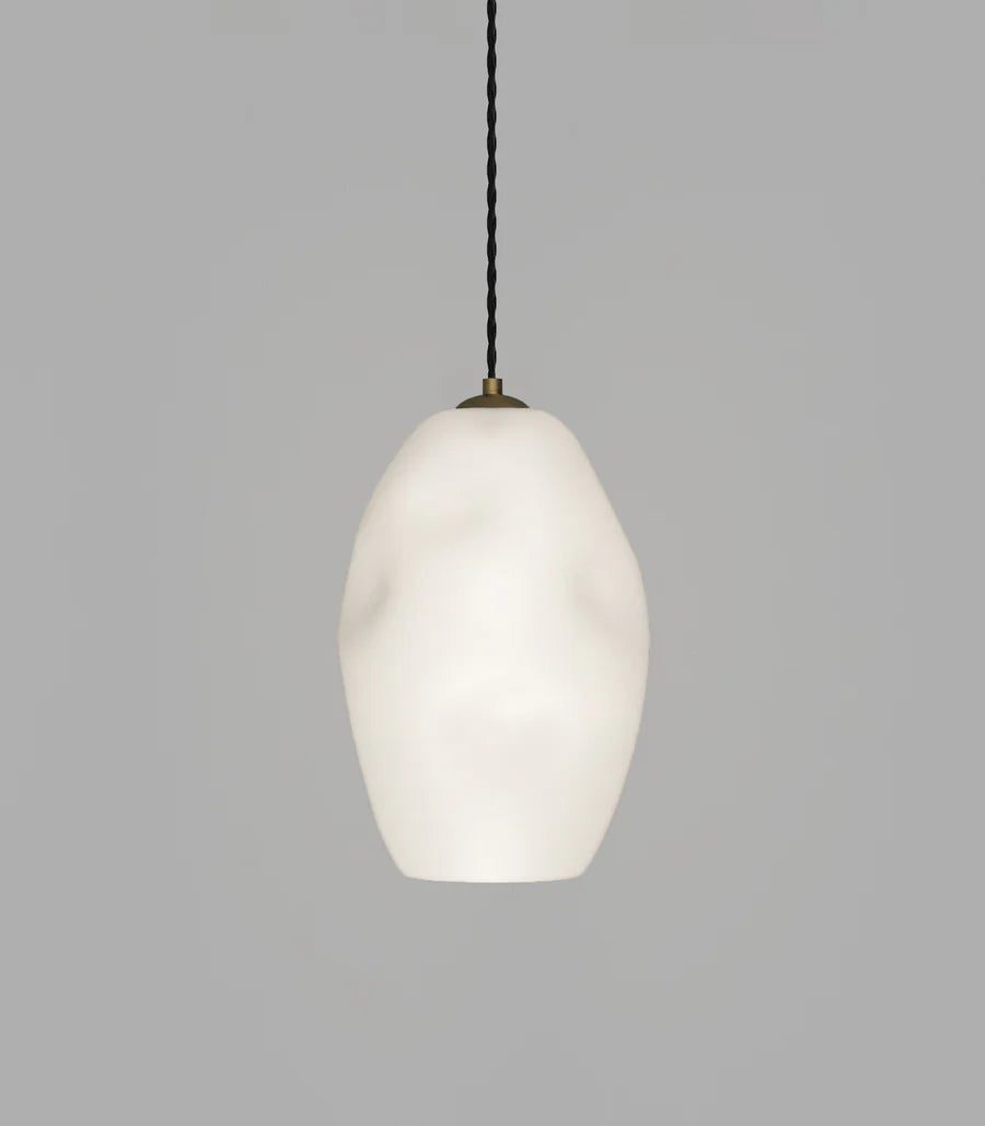 Organic LargeWhite Mouth Blown Glass Pendant with Old Brass Suspension