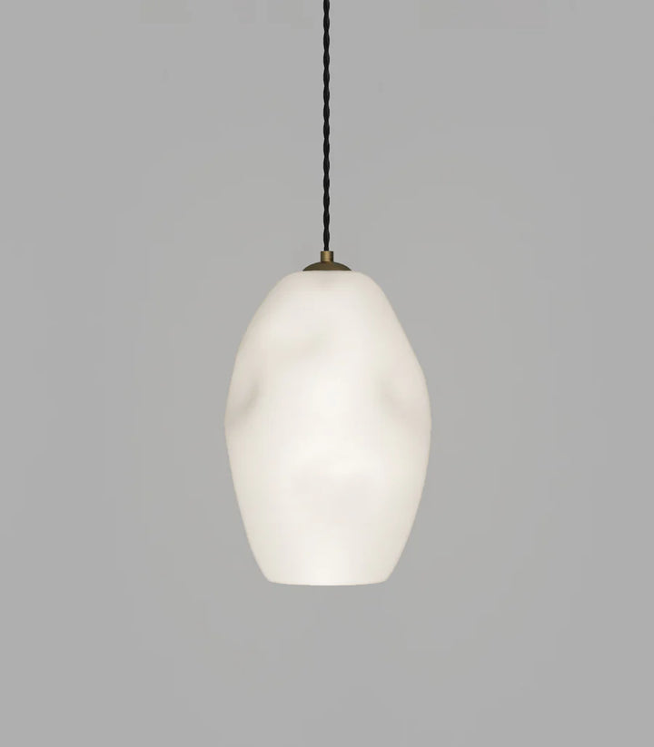 Organic LargeWhite Mouth Blown Glass Pendant with Old Brass Suspension