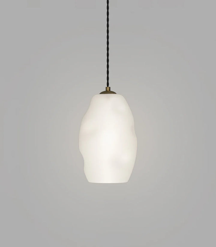 Organic Medium White Mouth Blown Glass Pendant with Old Brass Suspension