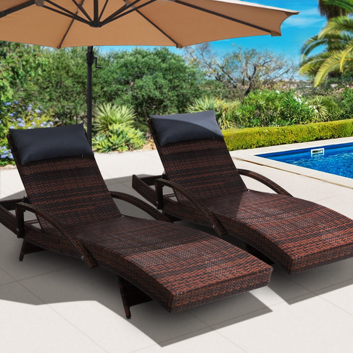 Gardeon 2x Sun Lounge Wicker Lounger Outdoor Furniture Beach Chair Armrest Adjustable Brown