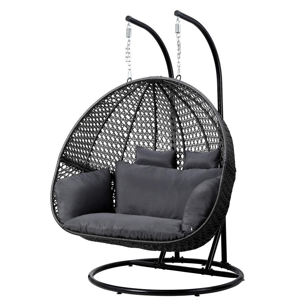 Gardeon Outdoor Egg Swing Chair Hanging Pod Chair Wicker Cushion 2 Person Grey