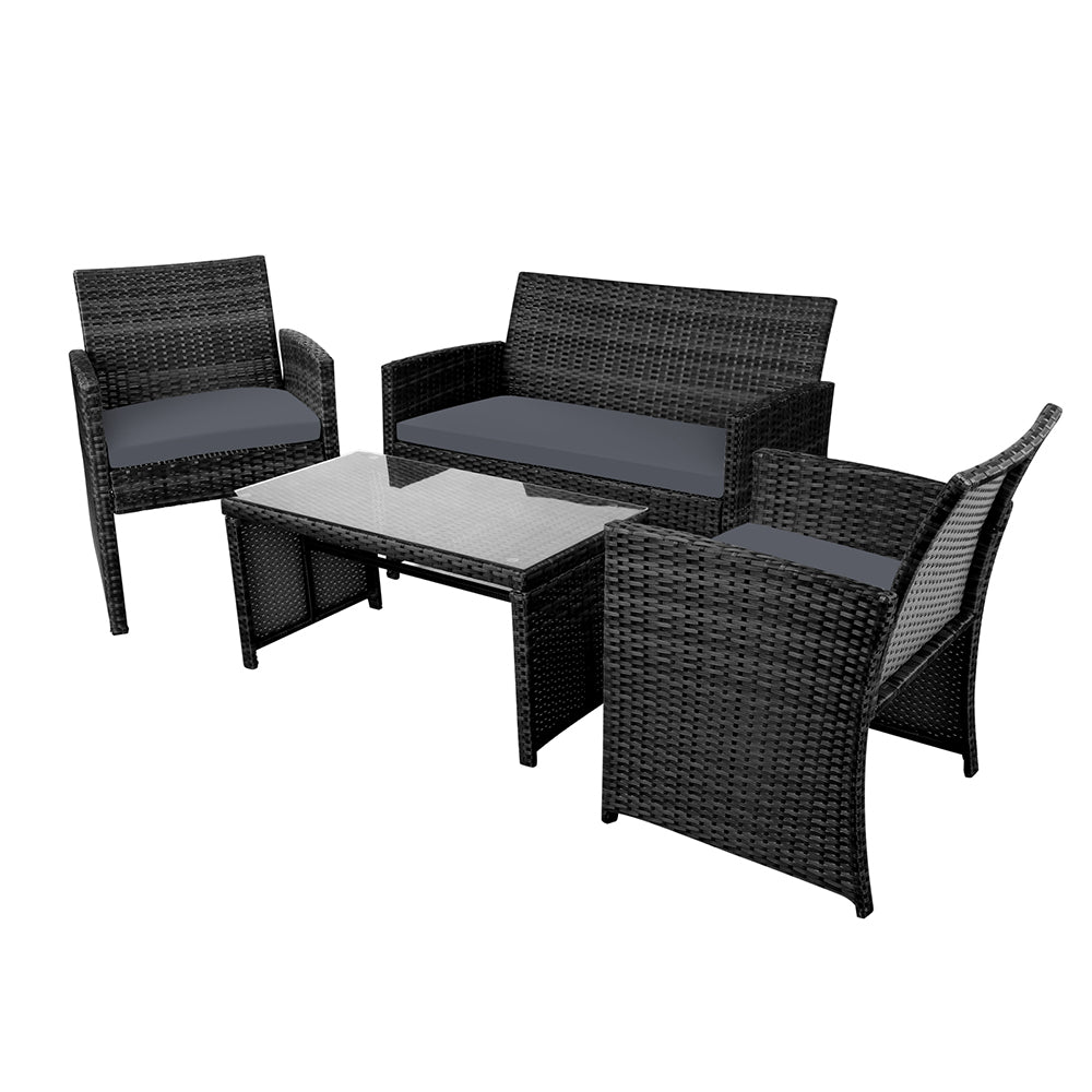 Gardeon 4 PCS Outdoor Lounge Setting Wicker Sofa Set Black Storage Cover