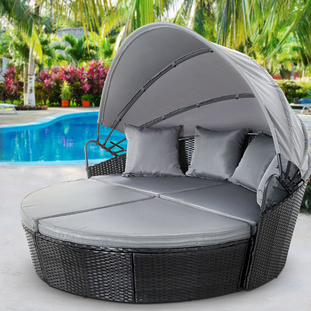 Gardeon Sun Lounge Setting Wicker Lounger Day Bed Outdoor Furniture Patio Black